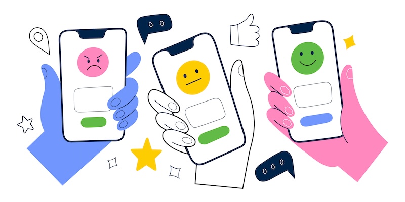 Three hands hold smartphones displaying faces—angry (red), neutral (yellow), and happy (green). Surrounding icons include chat bubbles, stars, a thumbs-up, and a location pin, hinting at how does Google detect fake reviews on a white background.