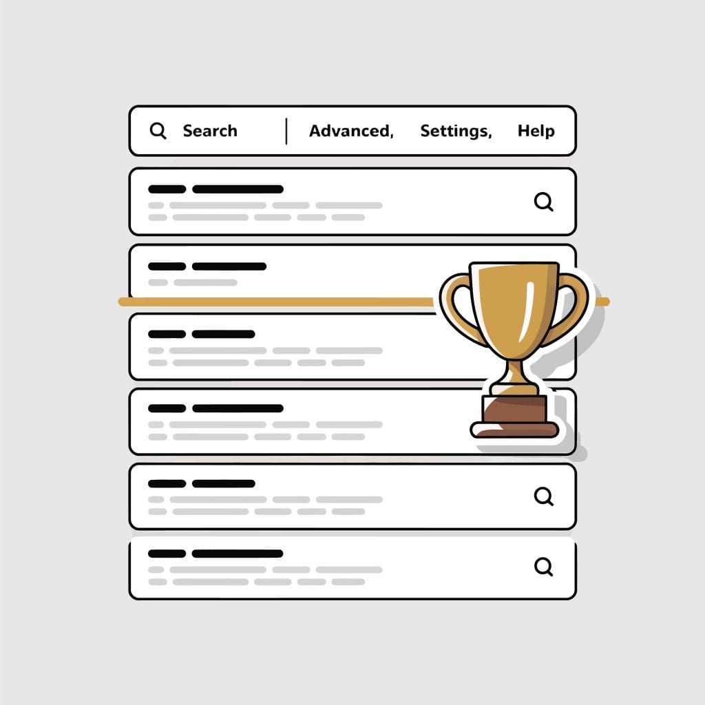 Illustration of a search engine results page with a large gold trophy in the center, highlighting one result as a winner. Search bar options include Search, Advanced, Settings, and Help.