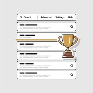 Illustration of a search engine results page with a large gold trophy in the center, highlighting one result as a winner. Search bar options include Search, Advanced, Settings, and Help.