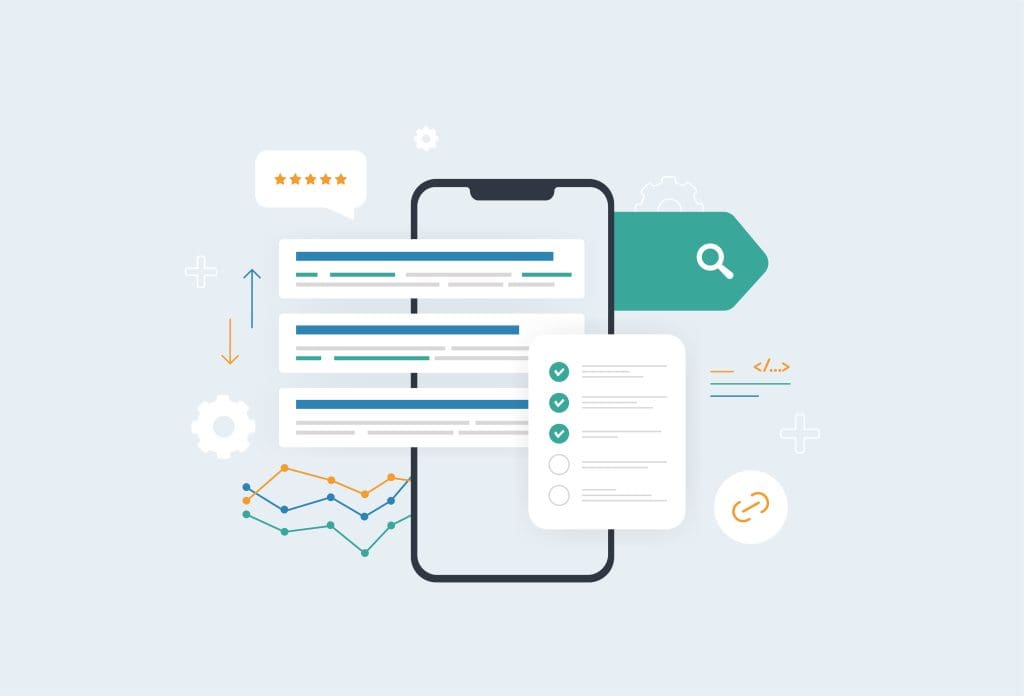 An illustration of a smartphone displaying search results, data charts, a checklist, and interface icons, representing online search, analytics, and digital productivity tools.