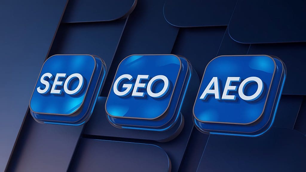 Three blue 3D buttons with the acronyms "SEO," "GEO," and "AEO" in white letters, displayed on a dark, layered background with a modern, digital look.