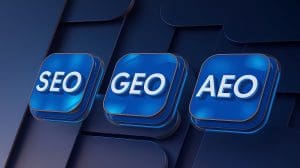 Three blue 3D buttons with the acronyms "SEO," "GEO," and "AEO" in white letters, displayed on a dark, layered background with a modern, digital look.