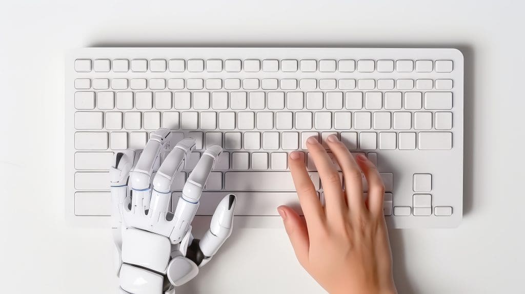 A robotic hand and a human hand side by side typing on a white computer keyboard, illustrating collaboration between humans and artificial intelligence or technology.