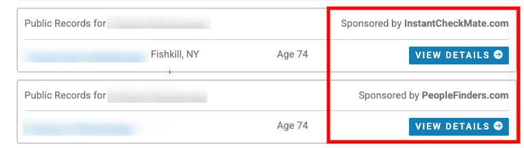 Screenshot of a public records search result showing names blurred, location as Fishkill, NY, age 74, and "Sponsored by InstantCheckMate.com" and "PeopleFinders.com" with blue "View Details" buttons.