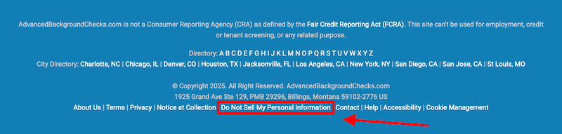 Screenshot of a website footer with navigation links and a copyright notice. A red arrow points to a blue button labeled "Do Not Sell My Personal Information.
