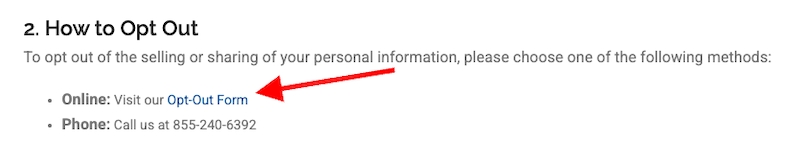 Section titled "How to Opt Out" with instructions to visit an Opt-Out Form online, indicated by a red arrow, or to call a provided phone number for opting out of personal information sharing.