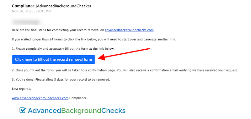 An email from AdvancedBackgroundChecks with instructions and a blue button labeled "Click here to fill out the record removal form," highlighted by a red arrow. The company logo is at the bottom.