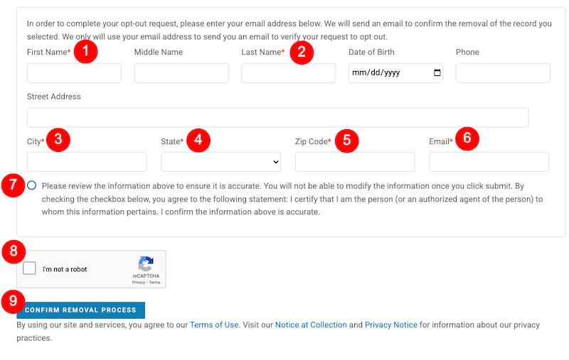 A web form with fields for name, date of birth, address, city, state, zip code, and an email confirmation. Includes a reCAPTCHA box and a button labeled "Confirm Removal Process.