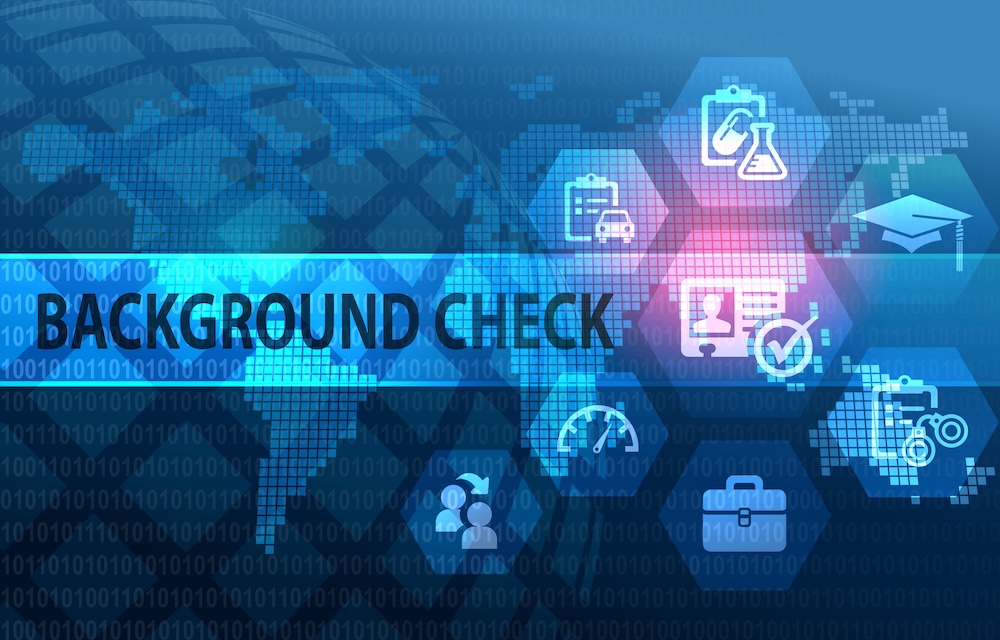 Blue digital background with binary code, a world map, and icons for research, documents, science, and education. The words “Background Check” are highlighted to illustrate advanced background check opt-out capabilities.