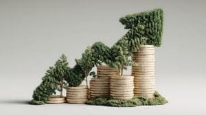 Stacks of coins arranged in ascending order with small trees growing on top, forming an upward arrow shape, symbolizing financial growth, investment, and total corporate social responsibility.
