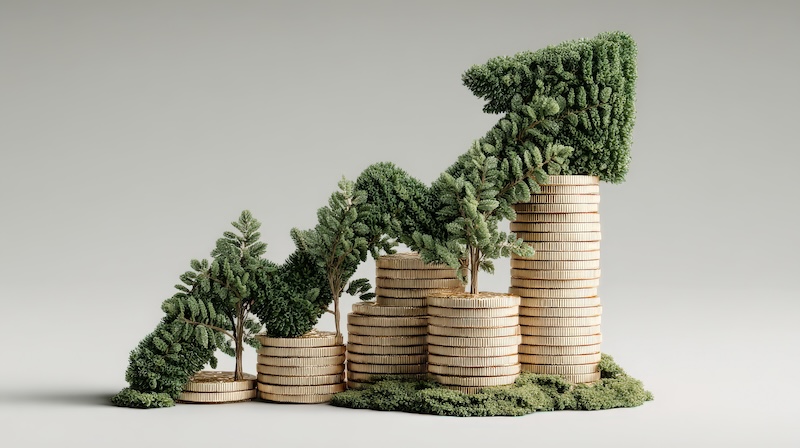 Stacks of coins arranged in ascending order with small trees growing on top, forming an upward arrow shape, symbolizing financial growth, investment, and total corporate social responsibility.