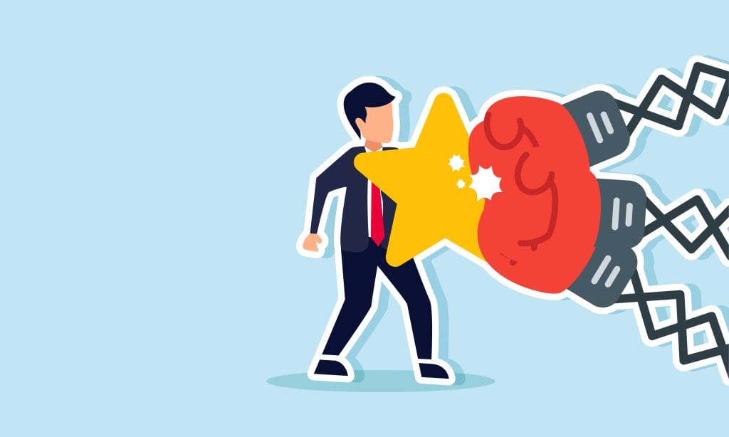 Illustration of a businessperson in a suit being punched by a predictive red boxing glove with springs, causing a yellow star-shaped impact. The background is light blue.