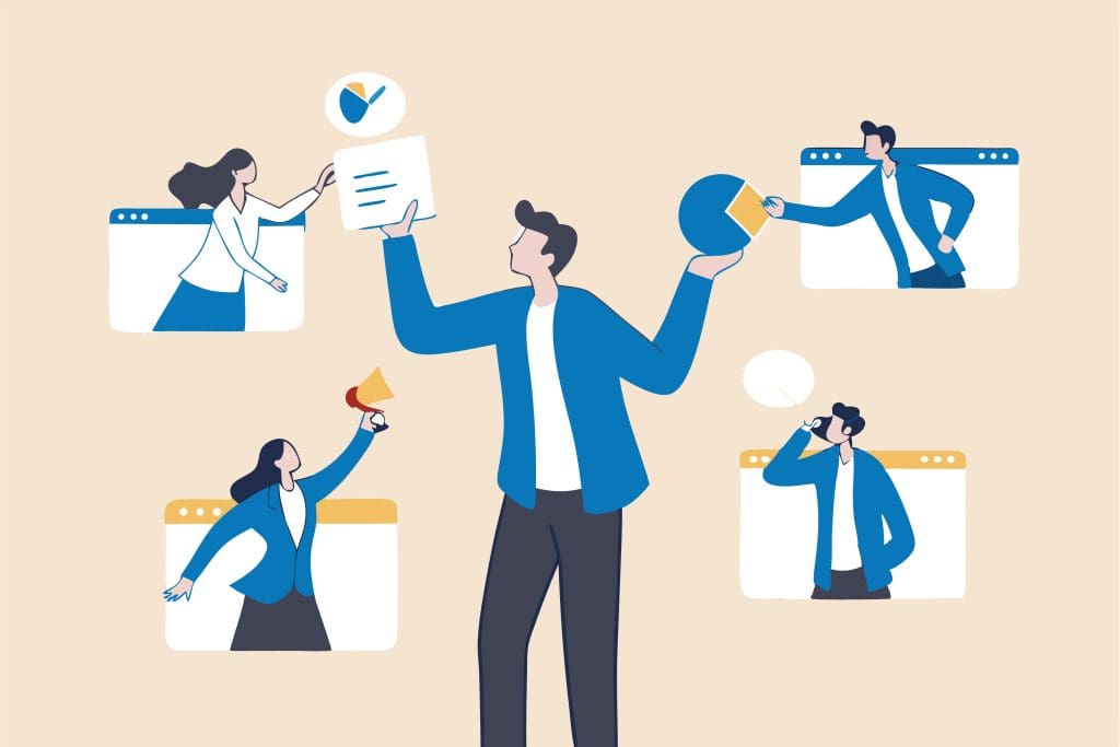 Illustration of a man in the center holding a document and a pie chart, surrounded by three people: a woman checking off a task, a woman with a megaphone, and a man talking on the phone, all in browser window frames.