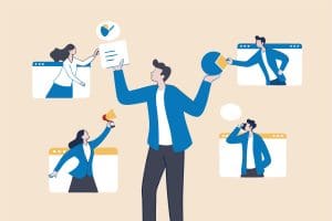 Illustration of a man in the center holding a document and a pie chart, surrounded by three people: a woman checking off a task, a woman with a megaphone, and a man talking on the phone, all in browser window frames.