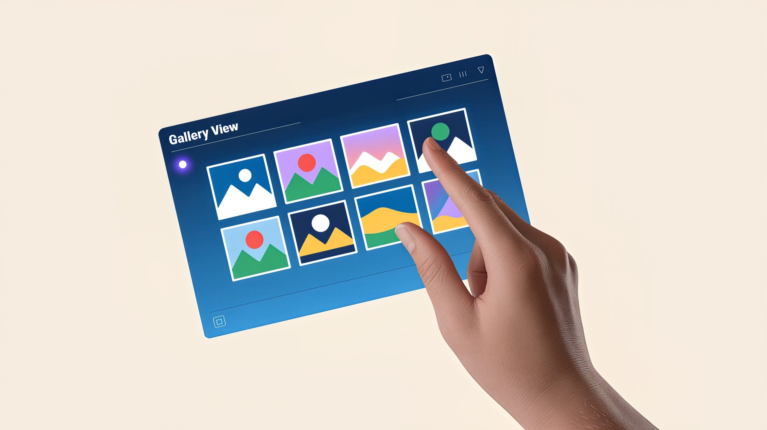 A hand interacts with a floating digital interface displaying a grid of colorful, stylized image thumbnails labeled "Gallery View" against a light background.