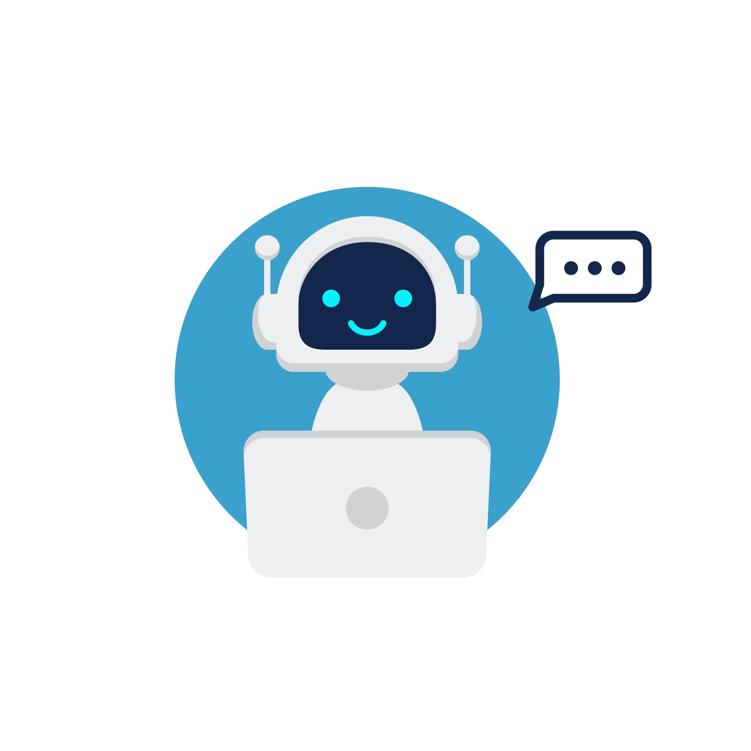 A friendly robot with a smiling face sits in front of a laptop, wearing headphones with antennae, and a speech bubble with three dots appears beside it. A blue circle is in the background.