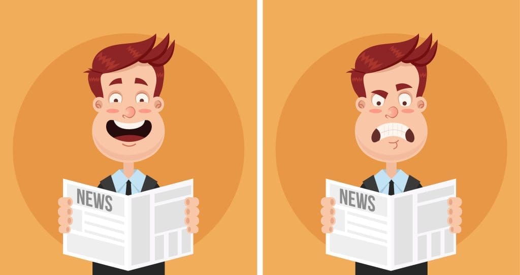 A cartoon man with brown hair and a suit is shown in two panels holding a newspaper. In the left panel, he is smiling widely; in the right, after reading negative news, he looks shocked and worried.