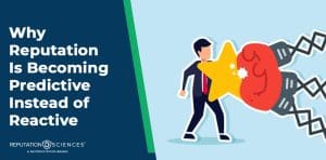 A cartoon man in a suit is punched by a large red boxing glove with a yellow starburst, next to text that reads, "Why Predictive Reputation Is Becoming the New Standard Instead of Reactive.