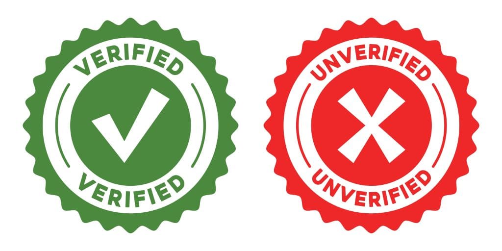 Two circular badges: one green with a check mark and "Verified," and one red with an X and "Unverified Allegations." Both have a scalloped edge and bold white text.