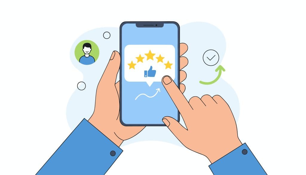 Illustration of a person’s hands holding a smartphone displaying a five-star rating and thumbs-up icon, suggesting positive feedback. An avatar and checkmark are in the background.