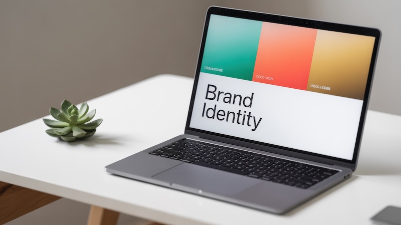 A laptop sits open on a desk. On the screen are the words "Brand Identity" and three blocks of color.