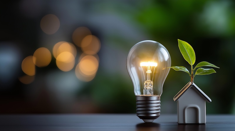 A lightbulb sits on a desk next to a tiny house with a plant growing out of the top.