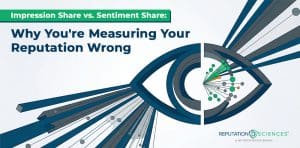 A stylized graphic of an eye with abstract lines and dots, paired with the text “Impression Share vs. Sentiment Share: Measuring Your Reputation the Right Way” and the Reputation Sciences logo.