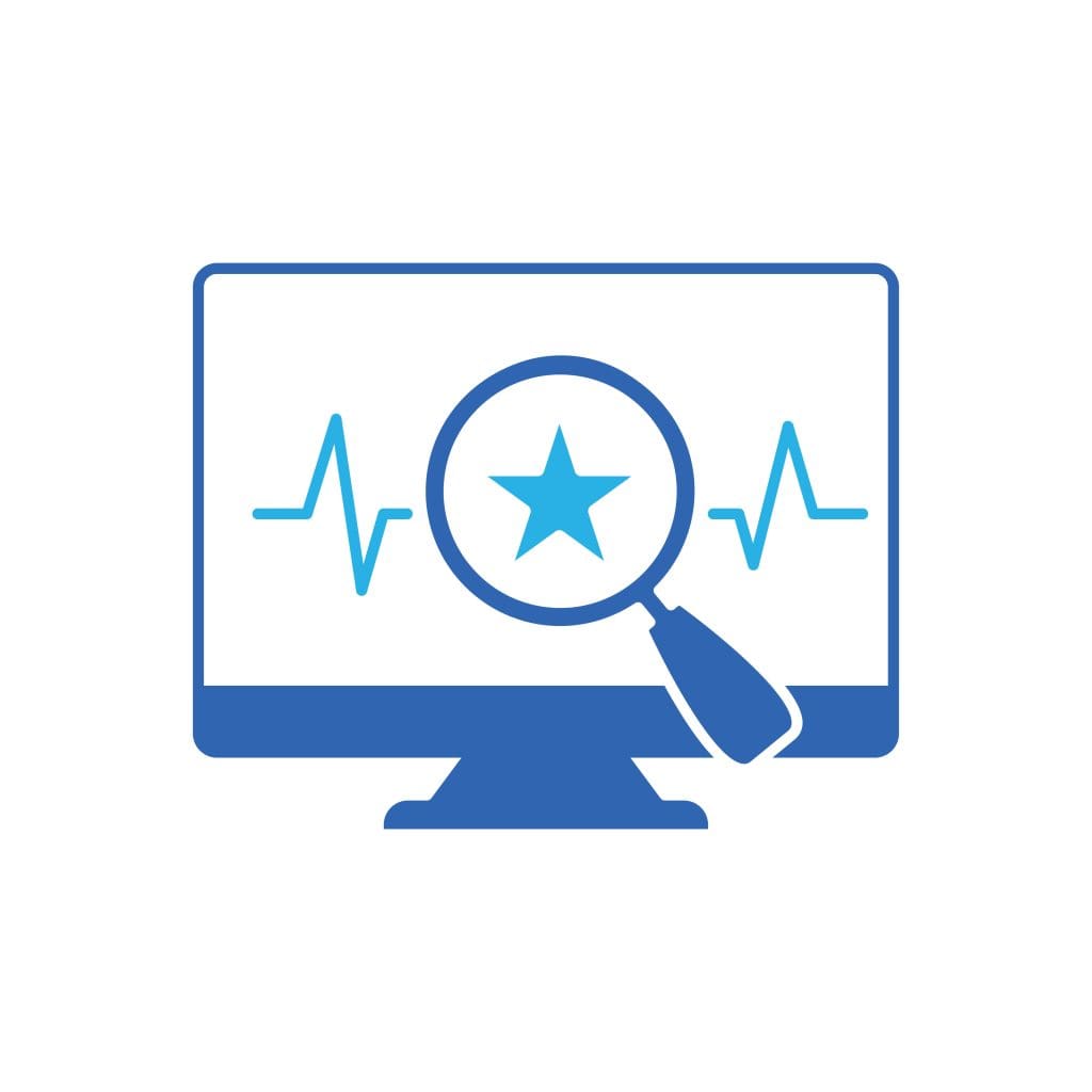 A computer monitor displays a blue heartbeat line with a magnifying glass highlighting a blue star in the center, symbolizing Reputation Intelligence. The design is simple, using blue and white colors on a white background.