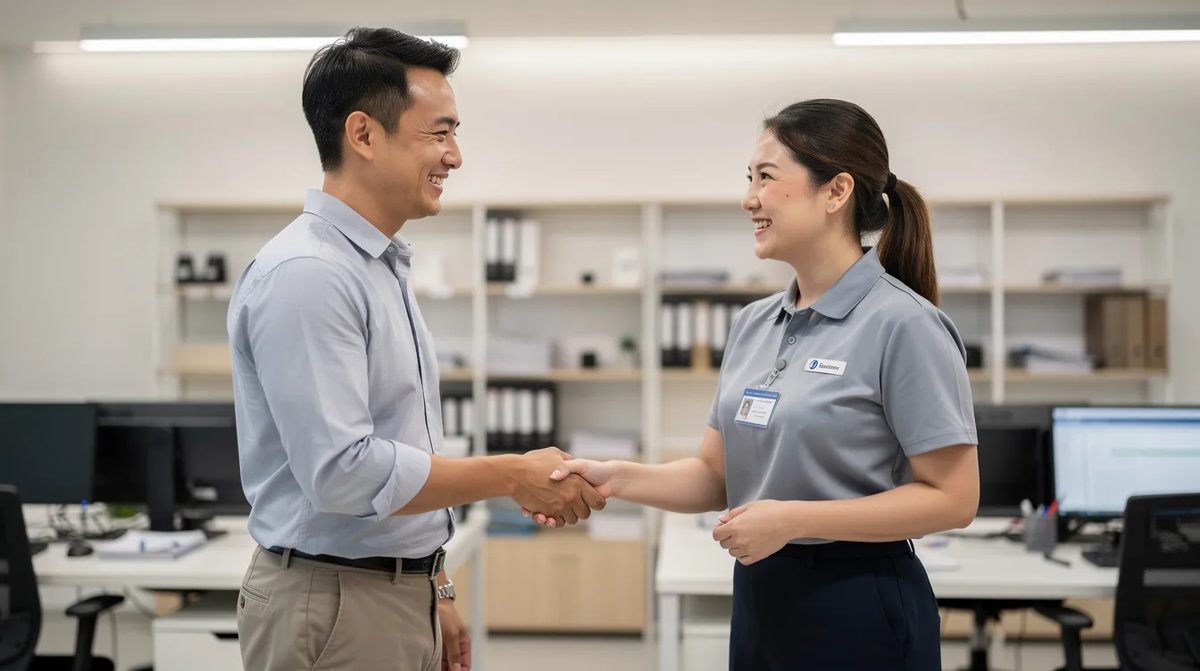 Business employee shaking hands with a happy customer in an office