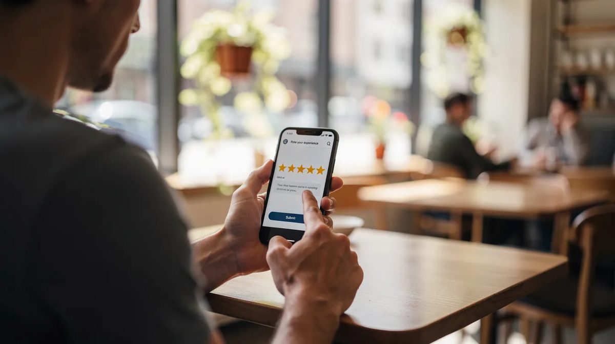 Customer rating a business five stars on a smartphone review screen in a cafe