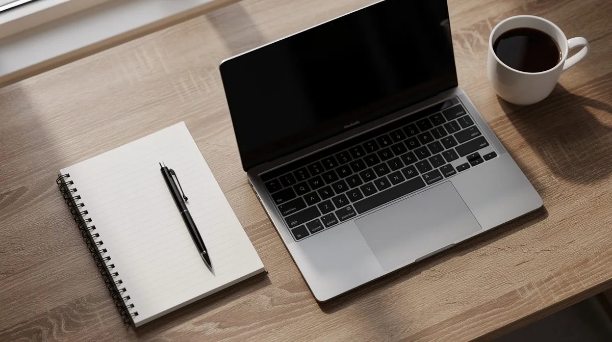 Laptop, notebook and coffee on a desk, set up for writing a customer review